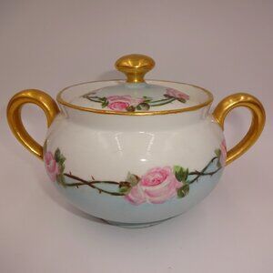 Vintage B&C Limoges Double Handled Sugar Bowl & Lid White Pink Roses Flowers